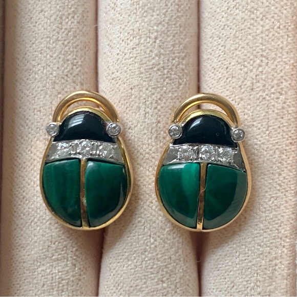 Vintage Jewelry - Vintage Mid-Century 14k Gold Diamonds Scarab Beetle Earrings Malachite Onyx